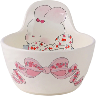 蓝莲花陶瓷碗漂亮儿童高颜值可爱兔子餐具女生手柄米饭碗盘子面碗