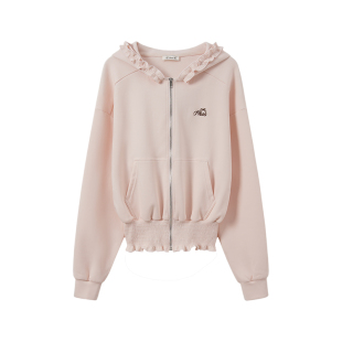 奶油的宇宙 刺绣木耳边连帽拉链卫衣外套女小个子显瘦早秋短上衣