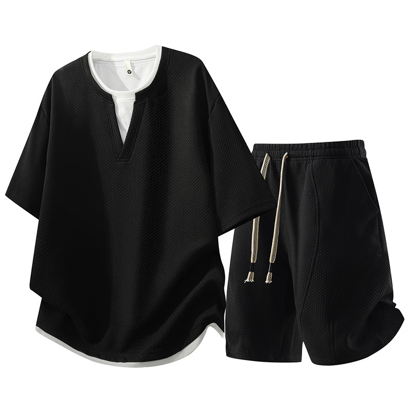 假两件亨利领短袖五分裤套装男女款2026年夏季青年华夫格一套衣服