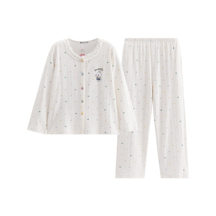 芬腾纯棉睡衣女春秋季开衫长袖套装女款卡通布朗熊可爱休闲家居服