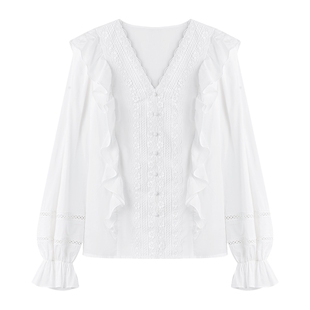 秋水伊人典雅复古V领蕾丝灯笼袖雪纺衫2026春季新款休闲蕾丝衬衫