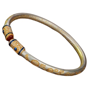 999足银滴油描金吉言手镯 女款纯银圆条开口镯子送妈妈送闺蜜