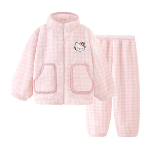 儿童睡衣女童秋冬季法兰绒保暖家居服套装女孩卡通可爱KT猫家居服