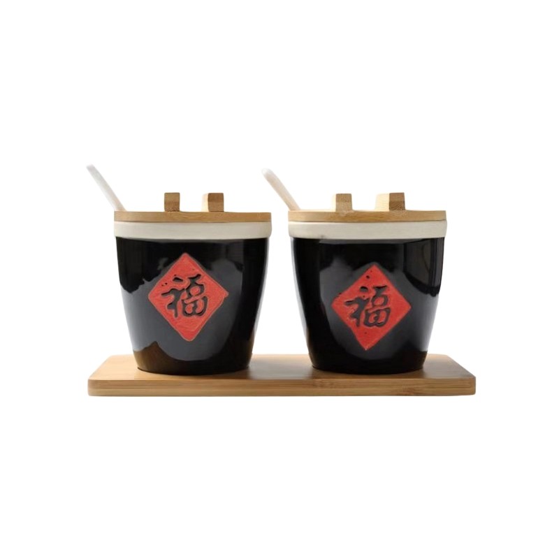 福字缸餐桌摆件小水缸带盖汤盅陶瓷储物调料缸调味罐酱缸创意菜缸