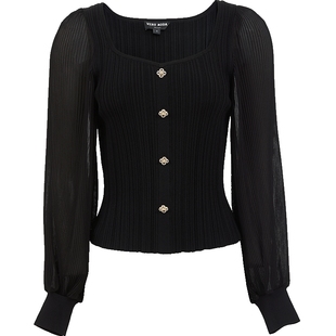 Vero Moda针织衫2025秋冬新款针织拼接纽扣假门襟设计灯笼袖上衣