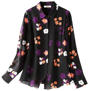 肯梵2025秋季重磅双绉真丝衬衫女长袖大码修身印花通勤桑蚕丝上衣