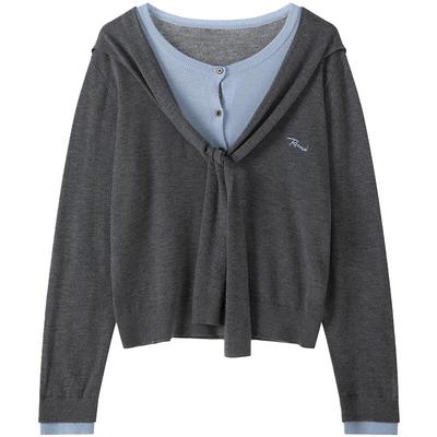 LAGOGO灰蓝撞色假两件绑带针织衫