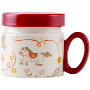 蓝莲花杯子陶瓷杯马克杯带盖小马水杯女马年礼物本命年红色高颜值