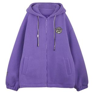 ODonedu连帽刺绣拉链羊羔绒外套女加厚绗棉羊羔毛保暖夹克颗粒绒