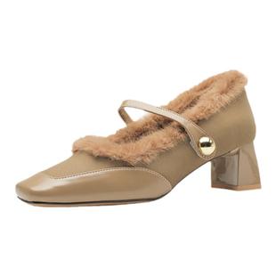 粗跟小香风毛毛鞋女外穿2024年新款冬季一字带中跟玛丽珍加绒单鞋