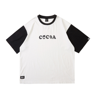 韦恩泽维尔大码学院风纯棉T恤男宽松夏季黑白撞色休闲五分袖8692