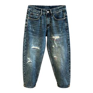 潮牌复古蓝色破洞乞丐牛仔裤男宽松直筒裤子潮流哈伦裤男生秋冬季