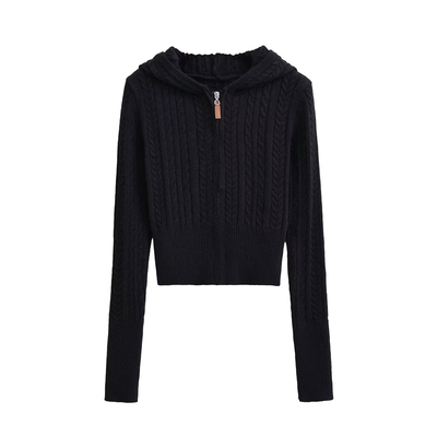 拉链连帽短毛衣外套麻花针织开衫