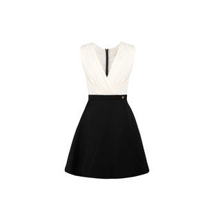 Mummy Cat 下蛋喵【奥黛丽法则】新品100人丝撞色V领褶皱连衣裙