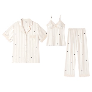 冰丝绸睡衣带胸垫女款夏季性感吊带三件套短袖春秋女士家居服套装