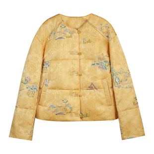 新中式国风圆领盘扣重工刺绣白鹅绒加厚保暖短款小个子羽绒服外套