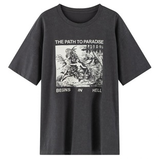 十一石 做旧印花男友风美式圆领短袖t恤女夏宽松纯棉小个子上衣ll