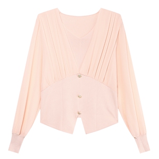 白鹿语修身职业OL风上衣25春新款温柔气质拼接套头V领女式针织衫