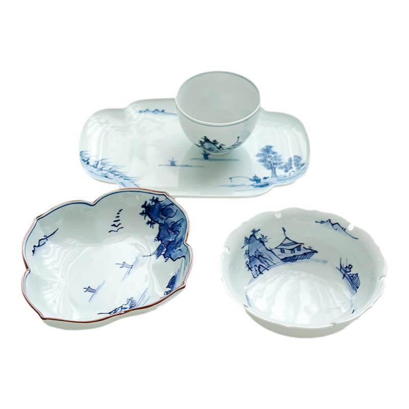小鹿田烧日本进口盘子青花山水陶瓷菜盘家用八角平盘日式餐具饭碗