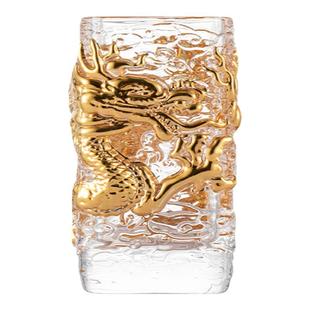 水晶玻璃茶杯主人杯手工浮雕描金腾龙品茗杯琉璃杯子单杯功夫茶具
