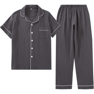 父亲节家居服睡衣男士纯棉纱布夏季薄款短袖长裤简约套装日系全棉