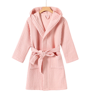 纯棉带帽儿童浴袍A类吸水速干不掉毛男女童洗澡浴衣华夫格睡袍