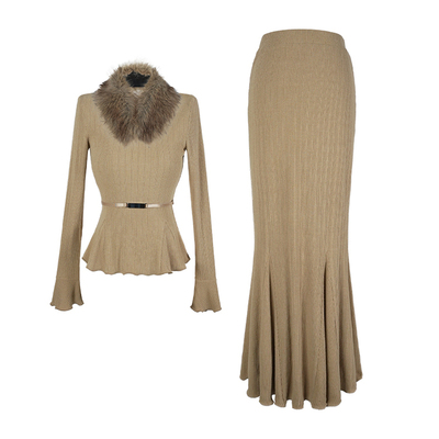 大婷婷 秋冬新款拼接毛毛领喇叭袖荷叶边长袖鱼尾裙套装DT1829