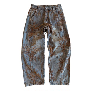 窄版美式巴黎复古植绒弯刀牛仔裤男秋冬加绒香蕉裤花卉提花阔腿裤