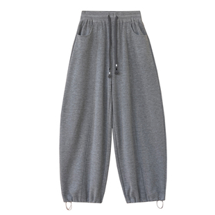 毛呢休闲卫裤女冬季加绒加厚抽绳高腰宽松束脚阔腿两穿羊毛弯刀裤