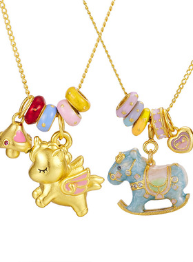 S925银小马童趣旋转木马项链