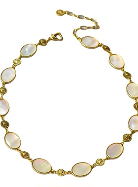 法式小众设计复古简约椭圆白色母贝黄铜镀金简约气质项链锁骨链女