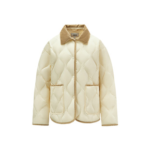 森马羽绒服女中长款轻薄拼接灯芯绒翻领2025冬季新款三防外套绿色