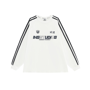 INSstudios 国潮牌情侣美式复古三条杠插肩长袖宽松重磅纯棉T恤男