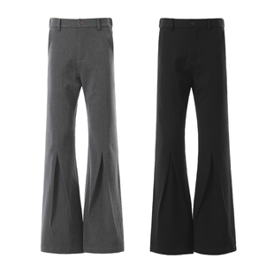 tr高级感灰色微喇西裤男美式垂坠感直筒修身褶皱喇叭西装裤子男款