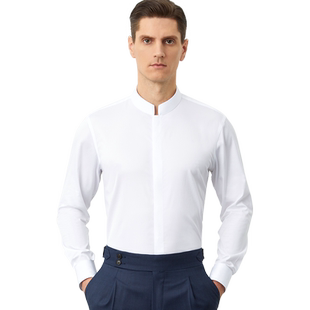 纯棉100支立领长袖白衬衫男中式立领休闲DP免烫圆领全棉正装衬衣
