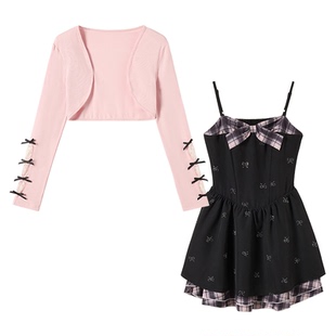 织物猪 甜欲芭比 黑粉色拼接吊带连衣裙女秋装蝴蝶结烫钻短裙子