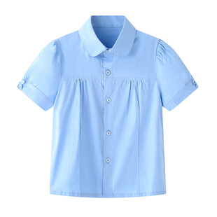 女童短袖衬衫夏季薄款中小学生白色圆领校服衬衣儿童蓝色纯棉衬衣