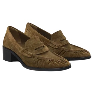 西班牙MD女鞋真皮反绒通勤一脚蹬粗跟乐福鞋英伦风圆头休闲单鞋