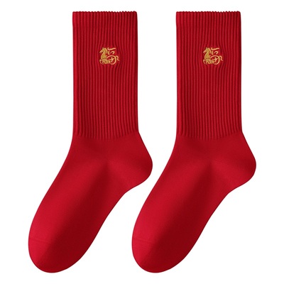 本命年红袜子男款马年刺绣中筒袜