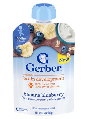 美国Gerber嘉宝酸奶香蕉蓝莓泥果泥核桃油宝宝零食婴儿辅食泥 6月