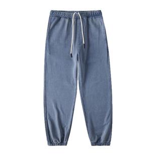 丹宁蓝色炒雪花做旧洗水纯棉卫裤 400g重磅美式复古宽松束脚长裤