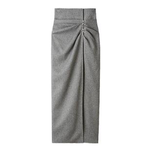 SNIDEL秋冬款气质高腰中长款拉链侧开叉半身裙SWFS244219