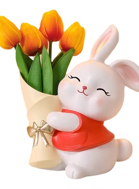 奶油风抱花兔子玄关客厅摆件