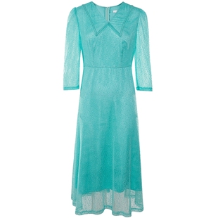 专柜正品马天奴秋冬秋冬蓝绿色V领蕾丝连衣裙子收腰七分袖