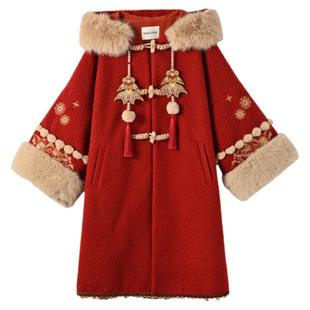 森女部落红色新年战袍国风穿搭冬装小个子毛呢外套女过年呢子大衣