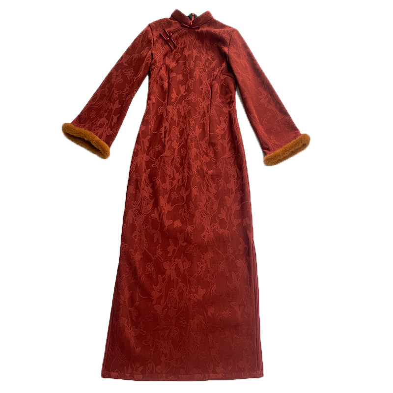 茱萸新中式冬季旗袍敬酒服订婚红色新娘结婚拜年服新年战袍女加绒