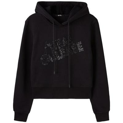 U/TI黑色纯棉连帽网球卫衣女装阔感短款亮片上衣尤缇2025春季新款