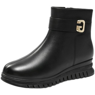 金猴棉鞋女款冬季羊毛女靴牛皮保暖加绒舒适厚底防滑妈妈鞋短靴女