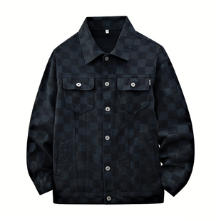 班尼路SK黑色格子牛仔外套男春夏新款休闲宽松美式工装复古夹克YS