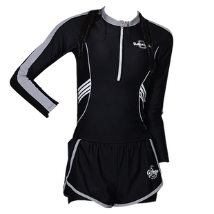 泳衣分体女士游泳馆专用成人竞速平角游泳衣长袖防晒黑色显白泳装